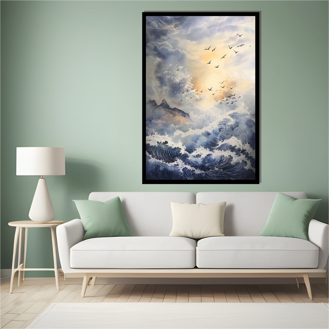 Artistic depiction of birds flying over a dynamic ocean with mountains in the background. Echoes of the Infinite – powerful ocean waves under a glowing sky with flying seabirds by ArtixHub