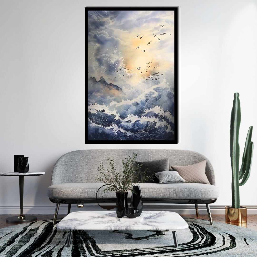 Artistic depiction of birds flying over a dynamic ocean with mountains in the background. Echoes of the Infinite – powerful ocean waves under a glowing sky with flying seabirds by ArtixHub