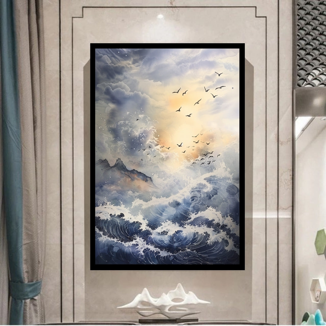 Artistic depiction of birds flying over a dynamic ocean with mountains in the background. Echoes of the Infinite – powerful ocean waves under a glowing sky with flying seabirds by ArtixHub