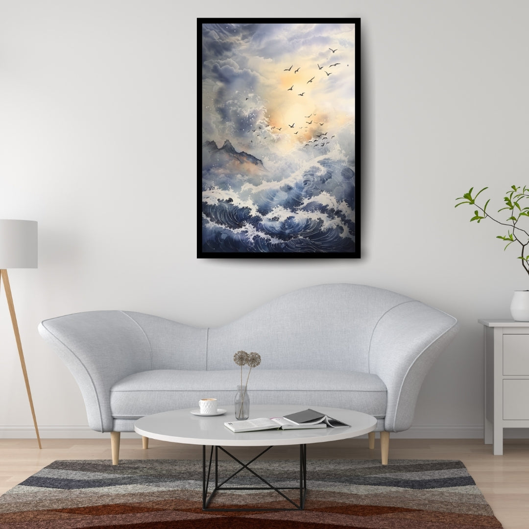 Artistic depiction of birds flying over a dynamic ocean with mountains in the background. Echoes of the Infinite – powerful ocean waves under a glowing sky with flying seabirds by ArtixHub