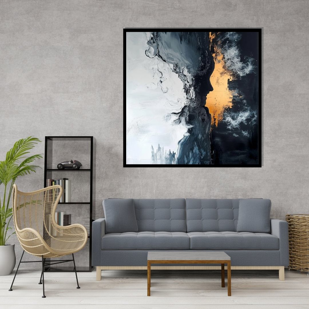 Abstract art piece with a silhouette of a person and a reflective surface. Eclipse Within – dramatic abstract with a human profile silhouette in black, white, and gold textures by ArtixHub