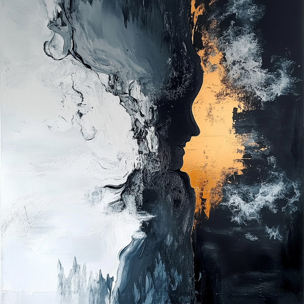 Abstract art piece with a silhouette of a person and a reflective surface. Eclipse Within – dramatic abstract with a human profile silhouette in black, white, and gold textures by ArtixHub