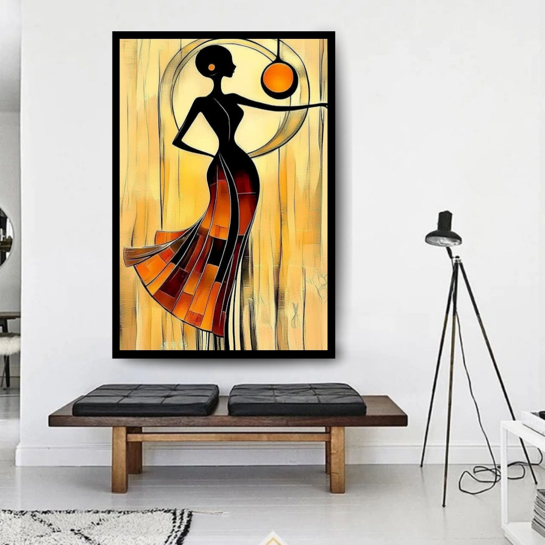 Ember Flow – African abstract figurative painting of a woman in flowing dress with warm golden tones by Amina Diallo