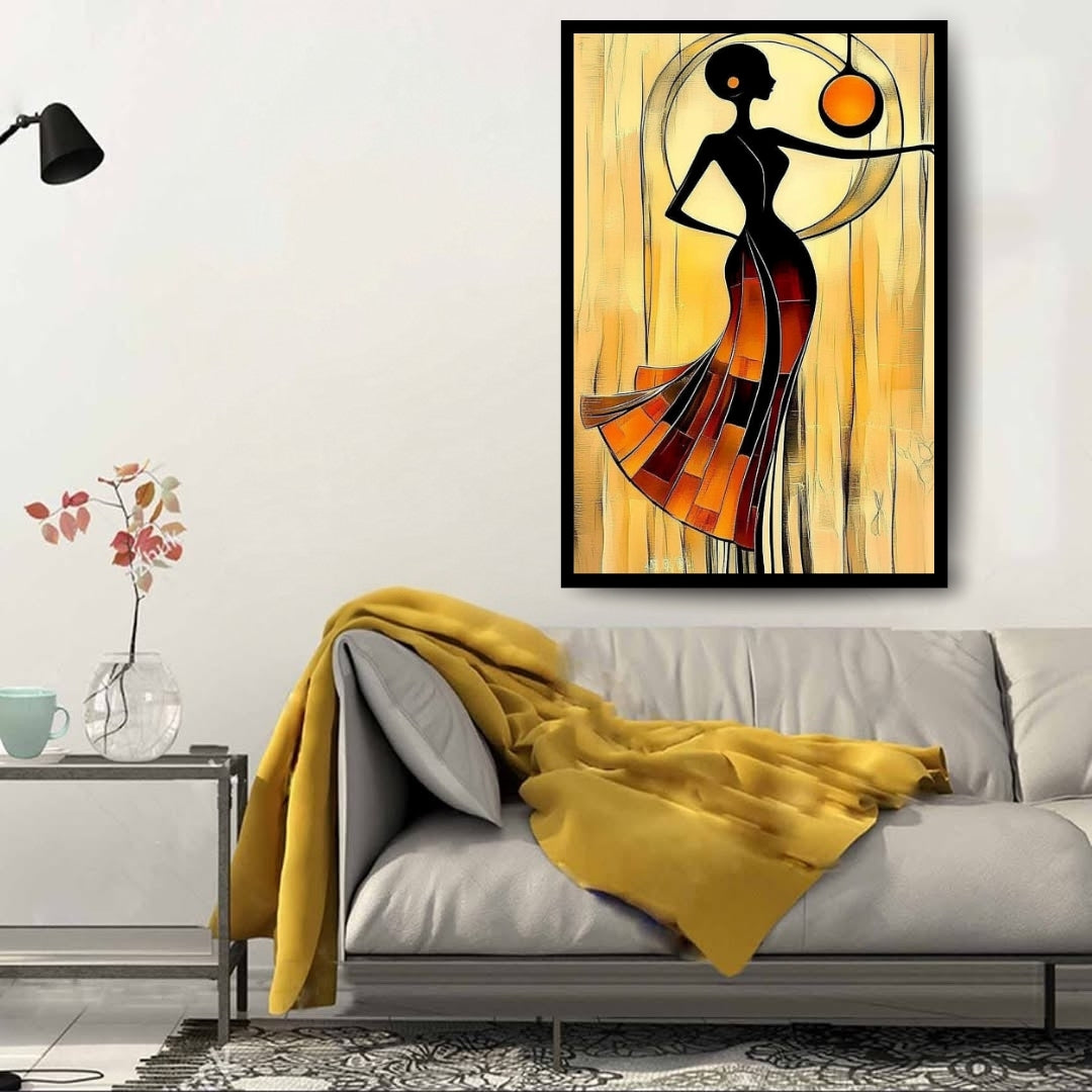 Ember Flow – African abstract figurative painting of a woman in flowing dress with warm golden tones by Amina Diallo