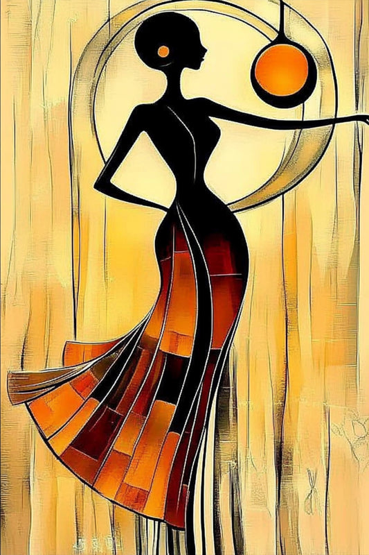 Artistic depiction of a dancer with a stylized background. Ember Flow – African abstract figurative painting of a woman in flowing dress with warm golden tones by Amina Diallo