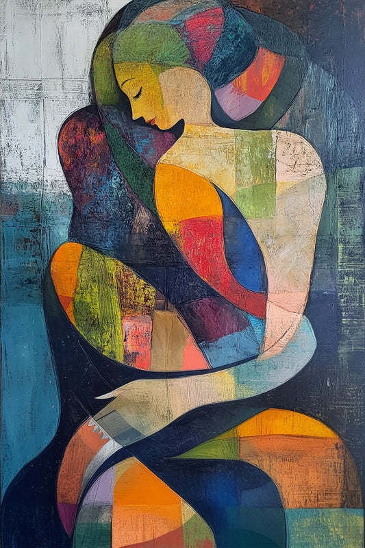 Embrace of Hue – colorful figurative abstract painting of a woman in a curved embrace, featuring bold textured hues from ArtixHub