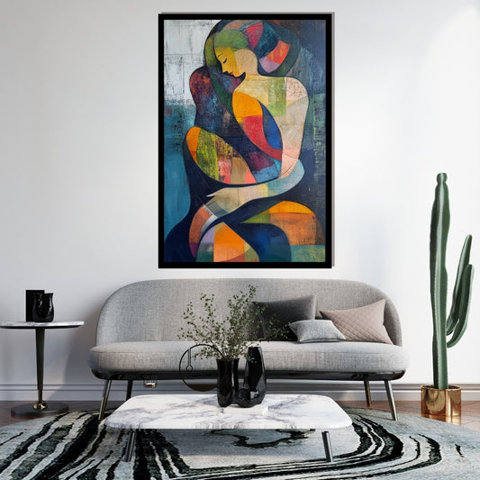 Embrace of Hue and colorful figurative abstract painting of a woman in a curved embrace