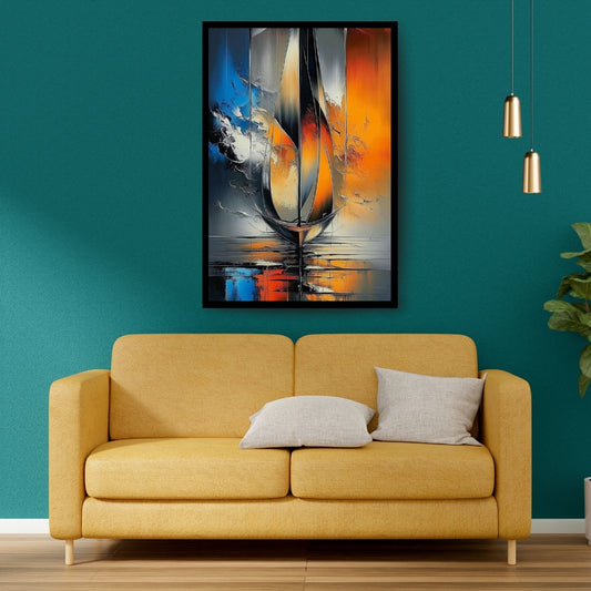 Equinox Currents by Lior Ezan – abstract sailboat painting with vivid orange, blue, and black tones, featured on ArtixHub