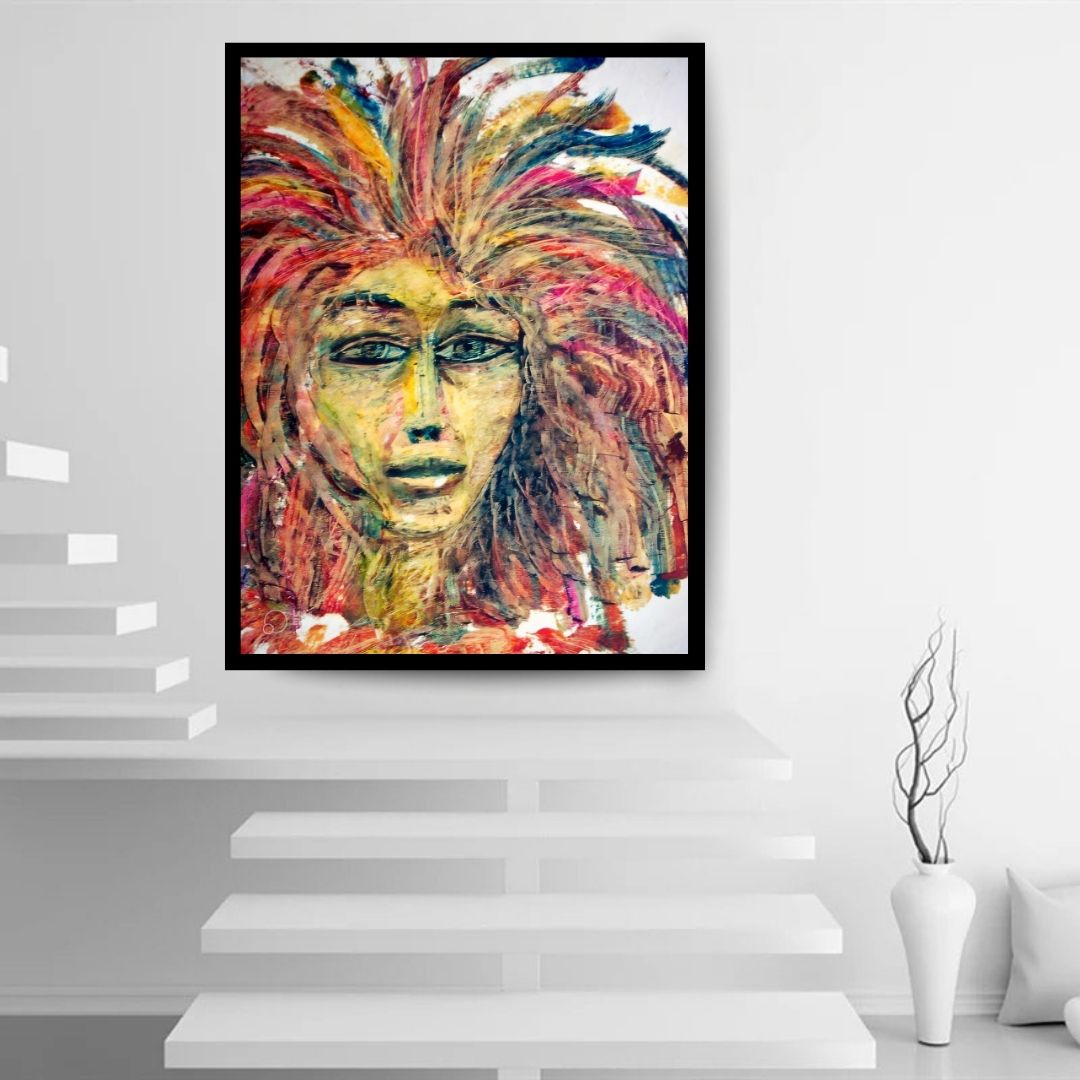 Artistic depiction of a face with vibrant, multicolored hair on a white background. Features (ملامح) – figurative expressionist painting by Professor Ibrahim Al Awam, ArtixHub