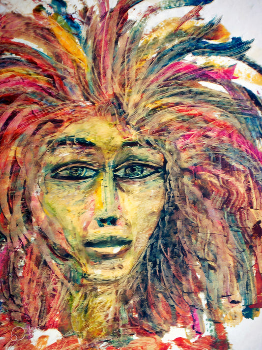 Artistic depiction of a face with vibrant, multicolored hair on a white background. Features (ملامح) – figurative expressionist painting by Professor Ibrahim Al Awam, ArtixHub