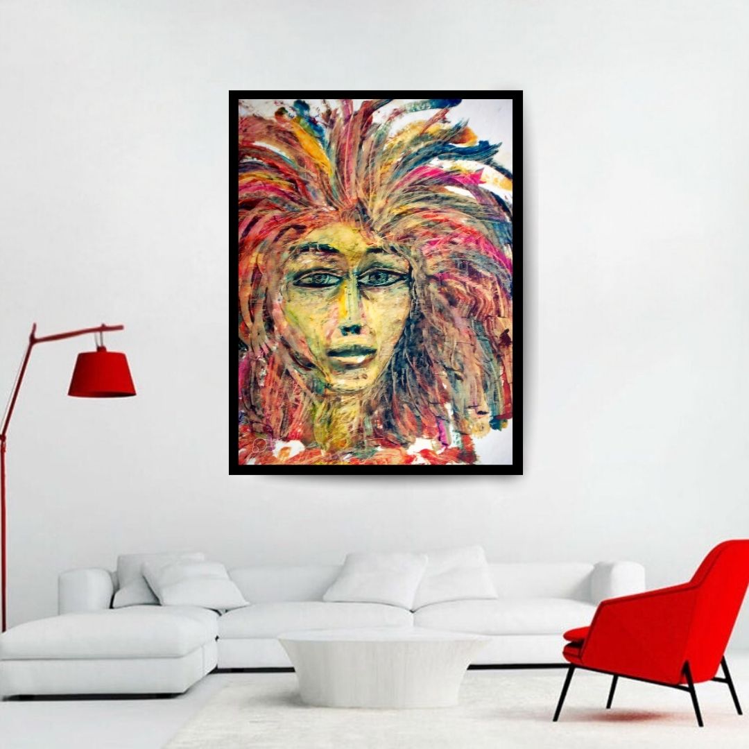 Artistic depiction of a face with vibrant, multicolored hair on a white background. Features (ملامح) – figurative expressionist painting by Professor Ibrahim Al Awam, ArtixHub