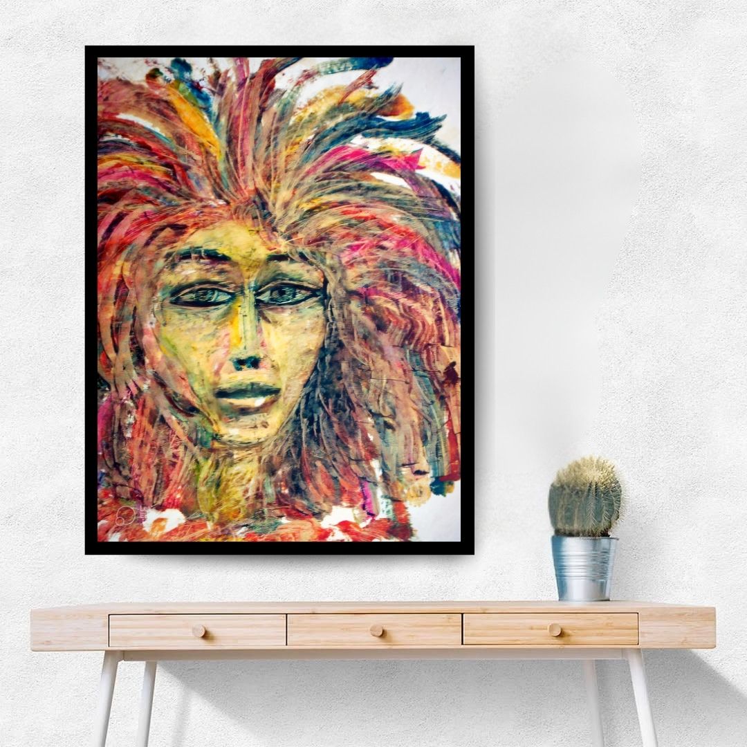Artistic depiction of a face with vibrant, multicolored hair on a white background. Features (ملامح) – figurative expressionist painting by Professor Ibrahim Al Awam, ArtixHub