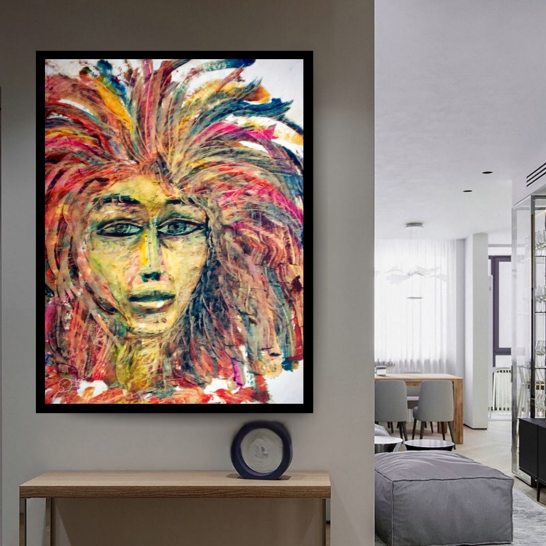 Artistic depiction of a face with vibrant, multicolored hair on a white background. Features (ملامح) – figurative expressionist painting by Professor Ibrahim Al Awam, ArtixHub