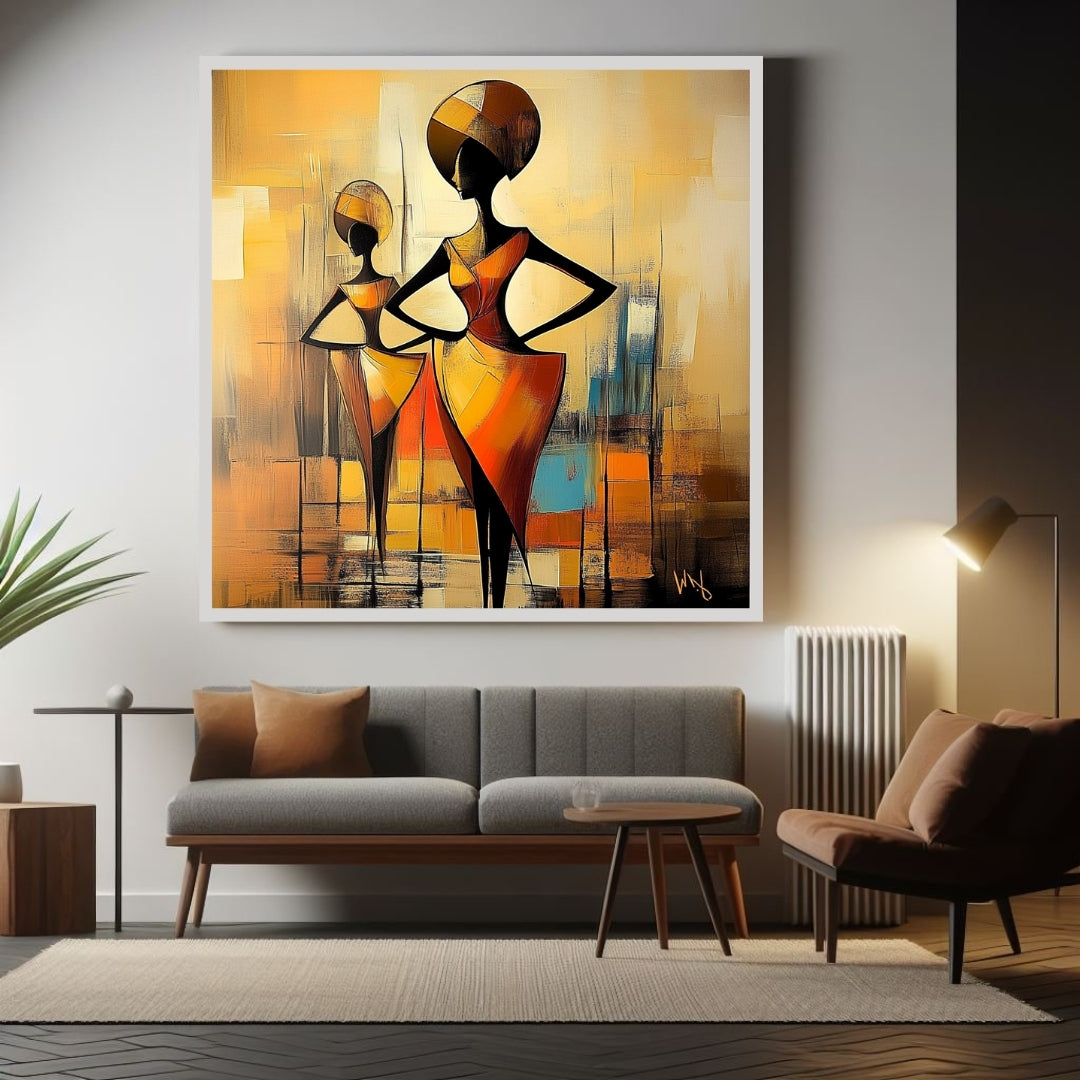 Abstract painting of two figures in a stylized, geometric design with warm colors. Fiery Times – African abstract painting of two women in bold orange dresses by Amina Diallo