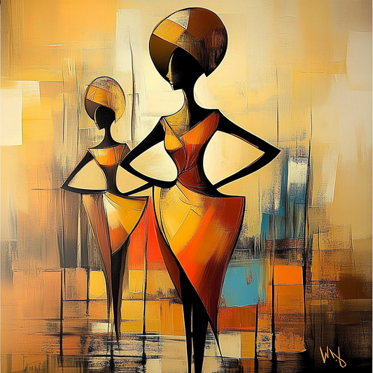 Abstract painting of two figures in a stylized, geometric design with warm colors. Fiery Times – African abstract painting of two women in bold orange dresses by Amina Diallo
