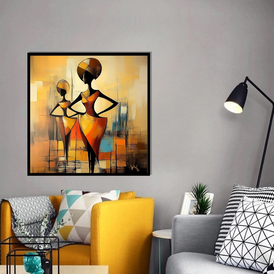 Abstract painting of two figures in a stylized, geometric design with warm colors. Fiery Times – African abstract painting of two women in bold orange dresses by Amina Diallo
