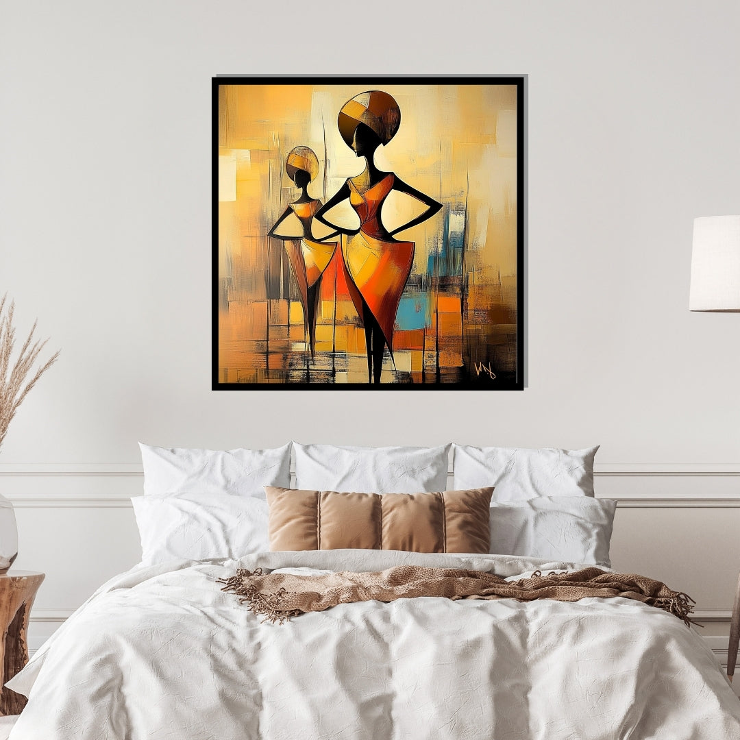 Abstract painting of two figures in a stylized, geometric design with warm colors. Fiery Times – African abstract painting of two women in bold orange dresses by Amina Diallo