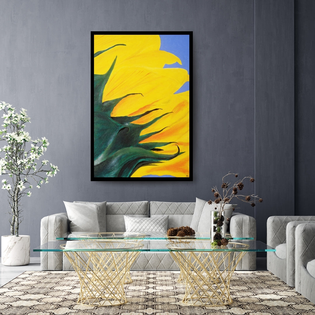Close-up of a sunflower with bright yellow petals and green leaves against a blue background. Floral Wave – abstract sunflower close-up painting with bold yellow petals by Mira Ayyash