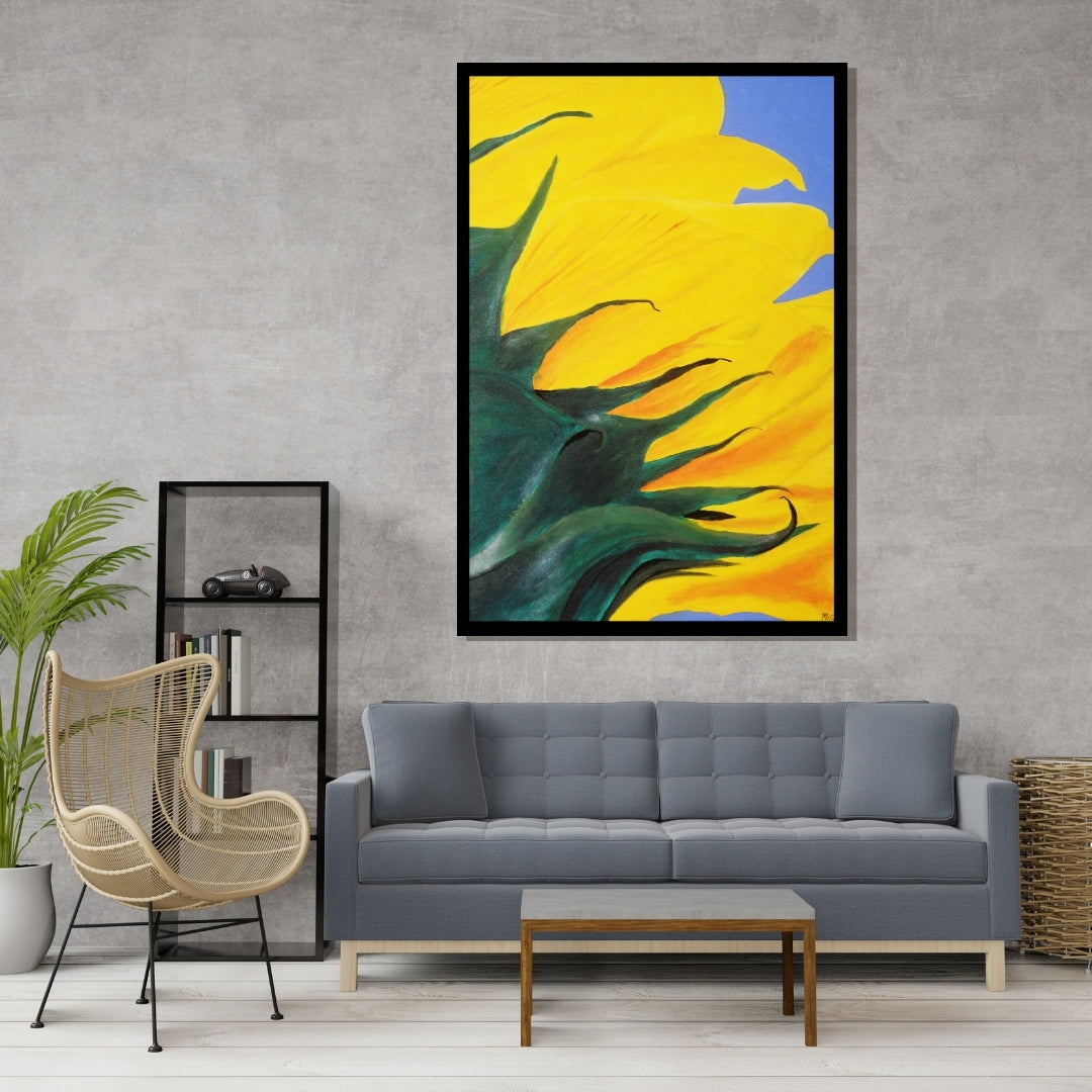 Close-up of a sunflower with bright yellow petals and green leaves against a blue background. Floral Wave – abstract sunflower close-up painting with bold yellow petals by Mira Ayyash