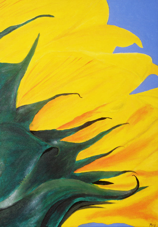 Close-up of a sunflower with bright yellow petals and green leaves against a blue background. Floral Wave – abstract sunflower close-up painting with bold yellow petals by Mira Ayyash