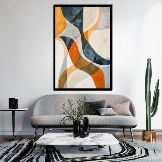 Flux, abstract minimalist painting with flowing curved shapes in warm orange and cool blue tones