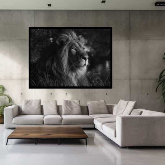 Focal King, black and white lion portrait in dramatic jungle setting and available on ArtixHub