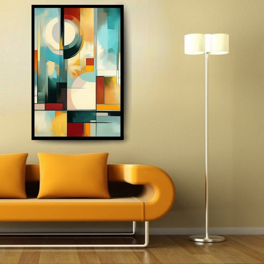 Fractured Zenith – abstract painting featuring intersecting blocks and curves in red, teal, black, and ochre on ArtixHub