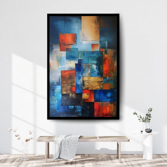 Fragmented Spectrum by Lior Ezan – colorful geometric abstract painting in deep blues, golds, and reds on ArtixHub