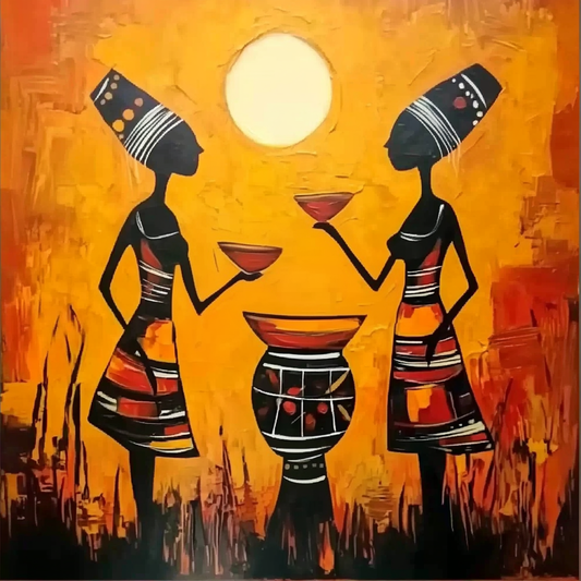 Artistic depiction of two figures with traditional attire against an orange background. Golden Ritual – African abstract painting of two women sharing a ceremonial drink under the sun by Amina Diallo