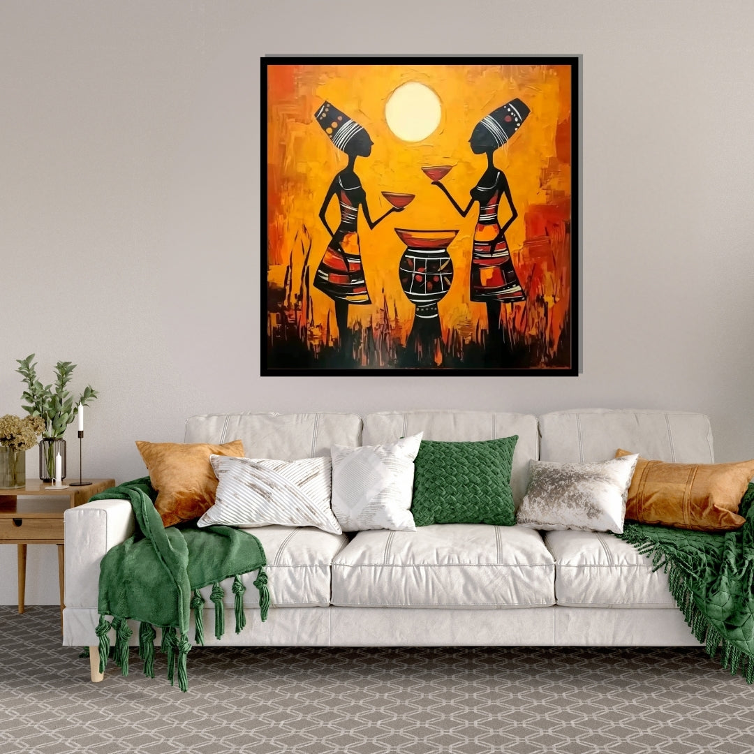 Artistic depiction of two figures with traditional attire against an orange background. Golden Ritual – African abstract painting of two women sharing a ceremonial drink under the sun by Amina Diallo