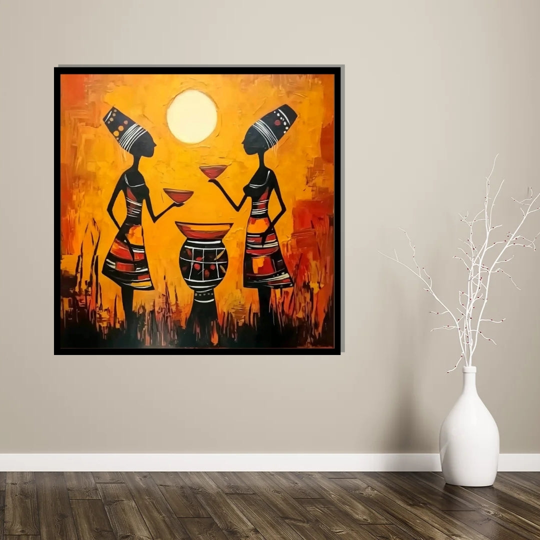 Artistic depiction of two figures with traditional attire against an orange background. Golden Ritual – African abstract painting of two women sharing a ceremonial drink under the sun by Amina Diallo