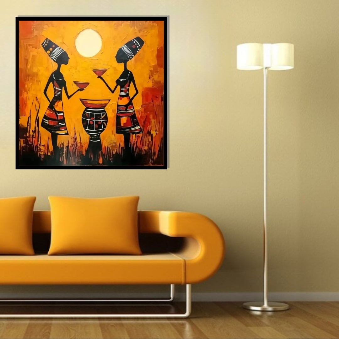 Artistic depiction of two figures with traditional attire against an orange background. Golden Ritual – African abstract painting of two women sharing a ceremonial drink under the sun by Amina Diallo