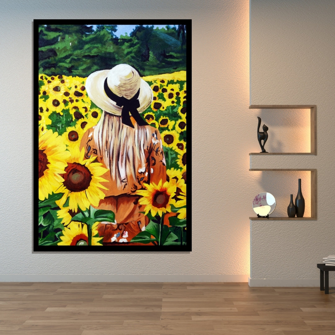 Woman in a straw hat standing among sunflowers with a scenic background. Grateful – figurative sunflower field painting of a woman in a hat by Mira Ayyash