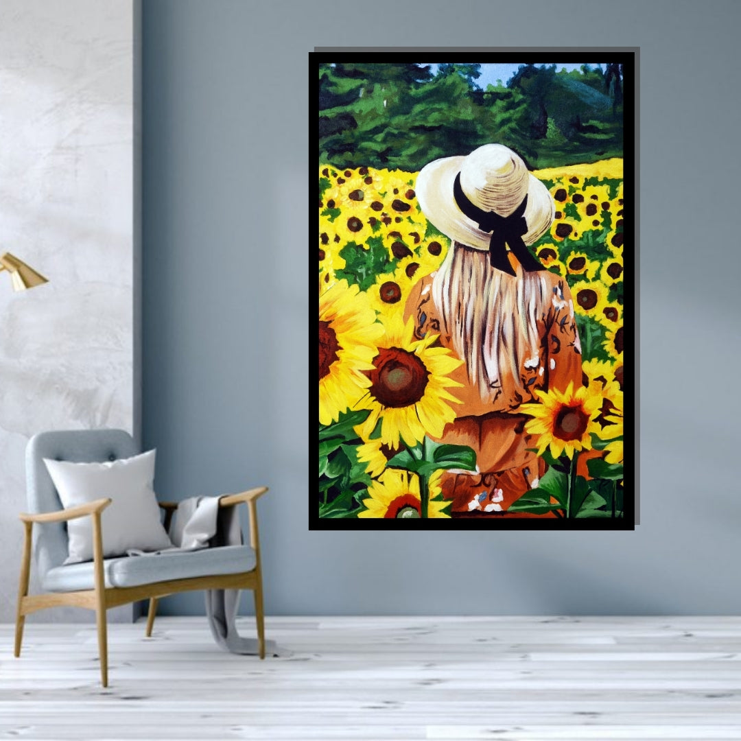 Woman in a straw hat standing among sunflowers with a scenic background. Grateful – figurative sunflower field painting of a woman in a hat by Mira Ayyash
