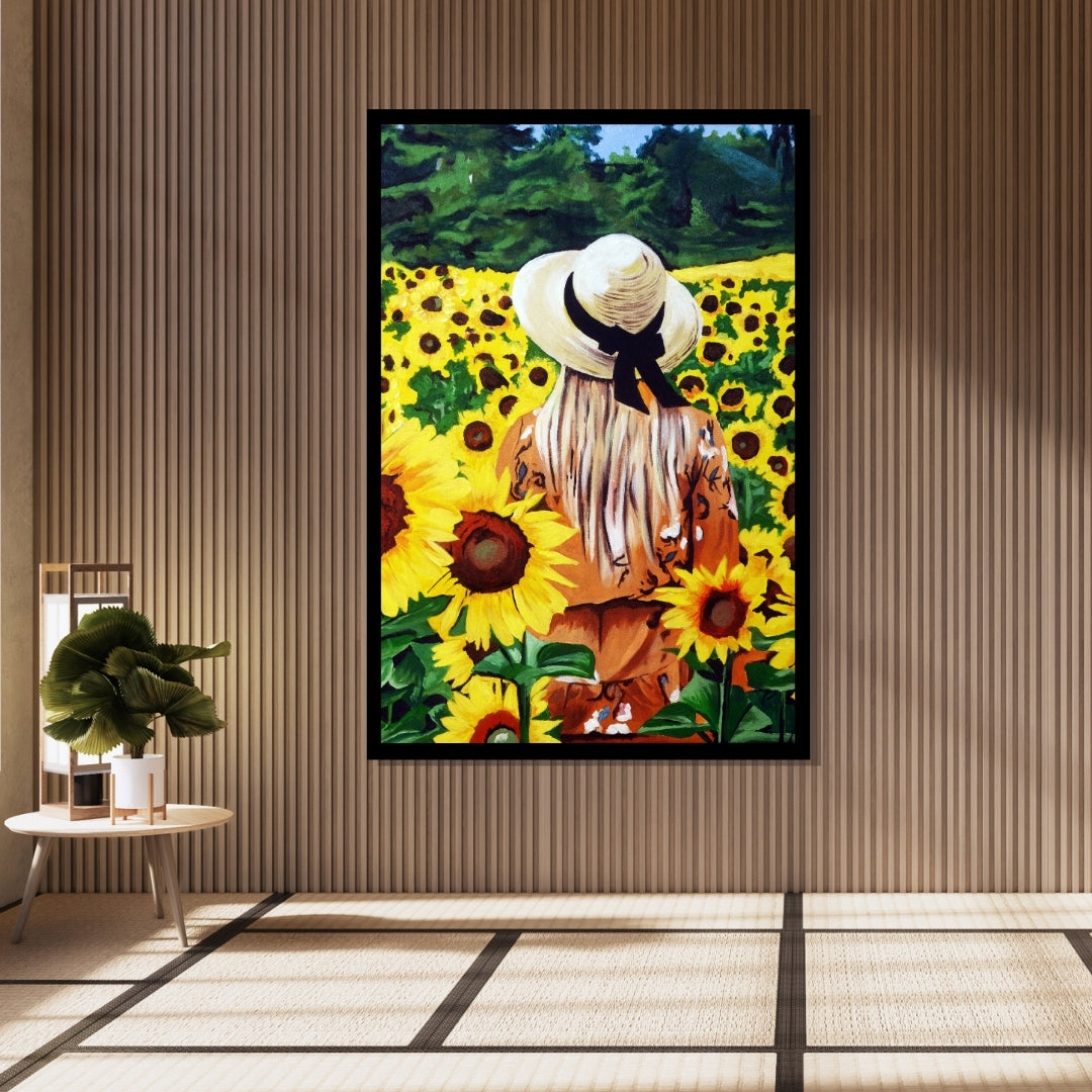 Woman in a straw hat standing among sunflowers with a scenic background. Grateful – figurative sunflower field painting of a woman in a hat by Mira Ayyash