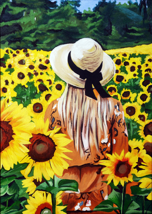 Woman in a straw hat standing among sunflowers with a scenic background. Grateful – figurative sunflower field painting of a woman in a hat by Mira Ayyash