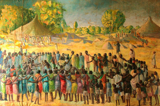Painting of a large group of people gathered outdoors with tents and trees in the background. Heritage Dance – figurative painting of Sudanese villagers dancing in a circle with colorful garments and village huts by Professor Ibrahim Al Awam, ArtixHub