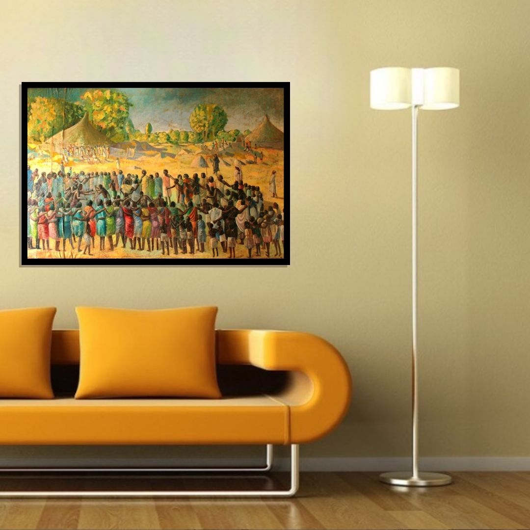 Painting of a large group of people gathered outdoors with tents and trees in the background. Heritage Dance – figurative painting of Sudanese villagers dancing in a circle with colorful garments and village huts by Professor Ibrahim Al Awam, ArtixHub