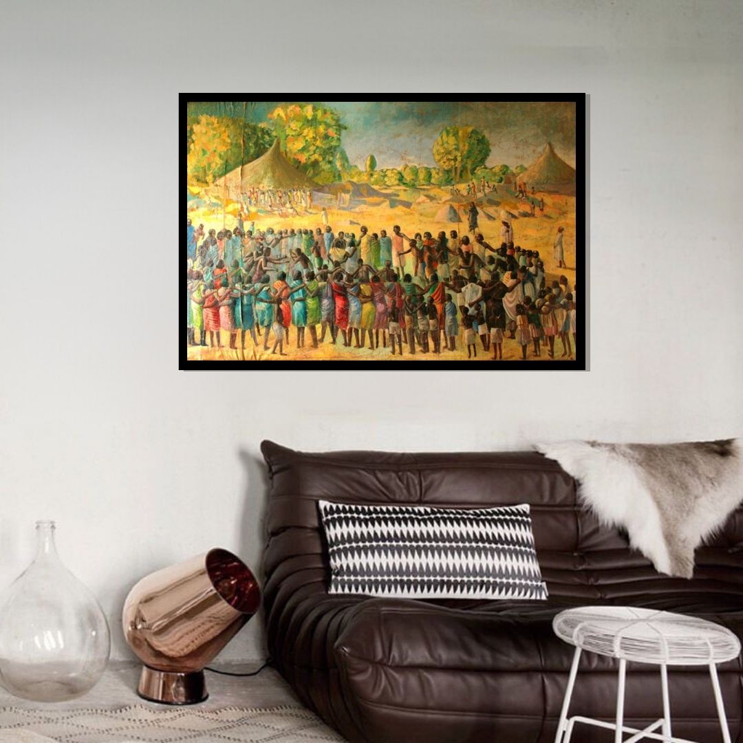 Painting of a large group of people gathered outdoors with tents and trees in the background. Heritage Dance – figurative painting of Sudanese villagers dancing in a circle with colorful garments and village huts by Professor Ibrahim Al Awam, ArtixHub