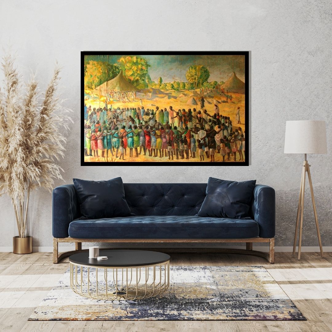 Painting of a large group of people gathered outdoors with tents and trees in the background. Heritage Dance – figurative painting of Sudanese villagers dancing in a circle with colorful garments and village huts by Professor Ibrahim Al Awam, ArtixHub