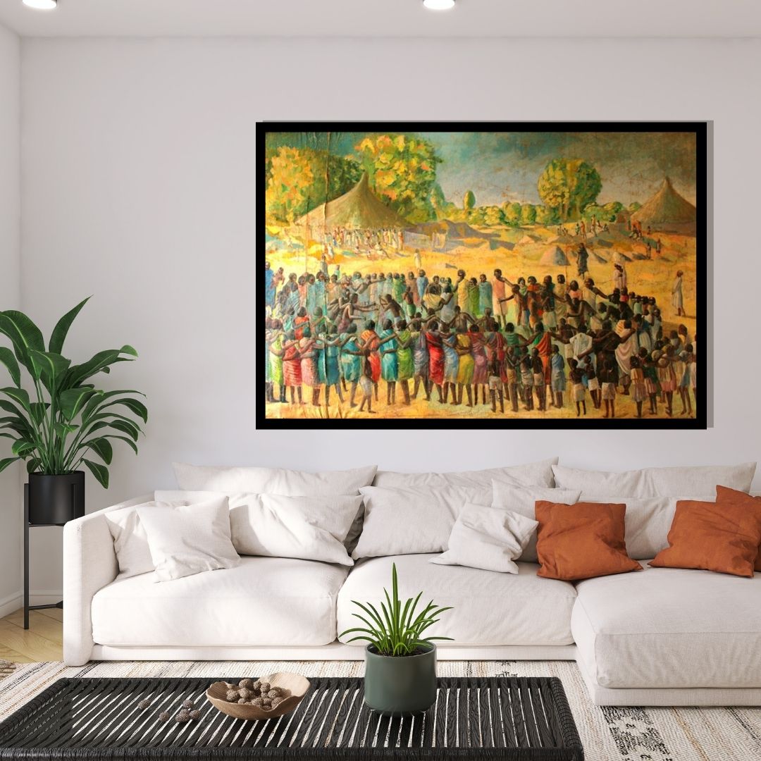 Painting of a large group of people gathered outdoors with tents and trees in the background. Heritage Dance – figurative painting of Sudanese villagers dancing in a circle with colorful garments and village huts by Professor Ibrahim Al Awam, ArtixHub
