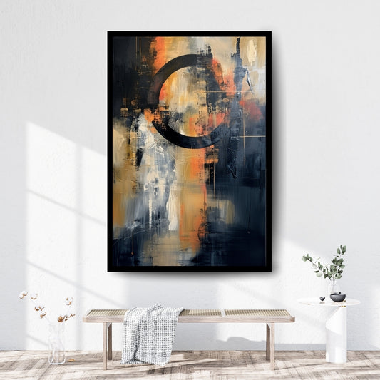 Industrial Solstice by ArtixHub – abstract expressionist artwork with a bold black arc and industrial cityscape palette in ochre and charcoal tones
