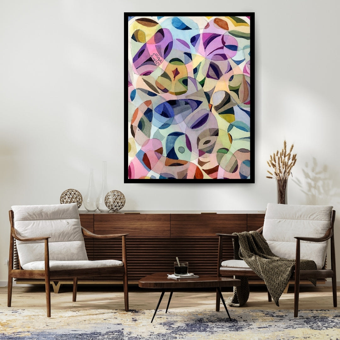 Abstract art piece with colorful geometric shapes on a white background. Inner Transparency (شفافية الداخل) – abstract expressionist painting by Professor Ibrahim Al Awam, ArtixHub