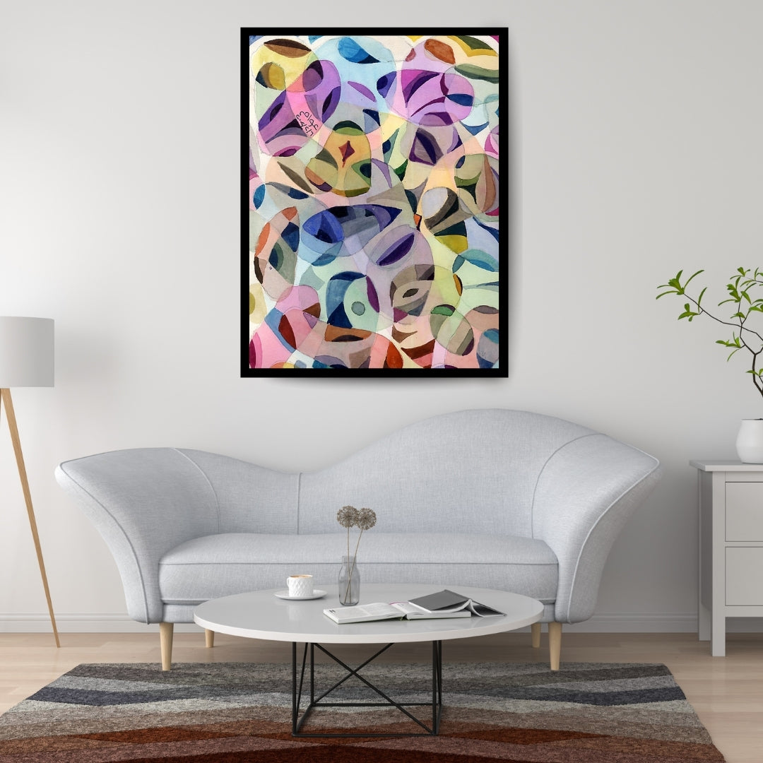 Abstract art piece with colorful geometric shapes on a white background. Inner Transparency (شفافية الداخل) – abstract expressionist painting by Professor Ibrahim Al Awam, ArtixHub