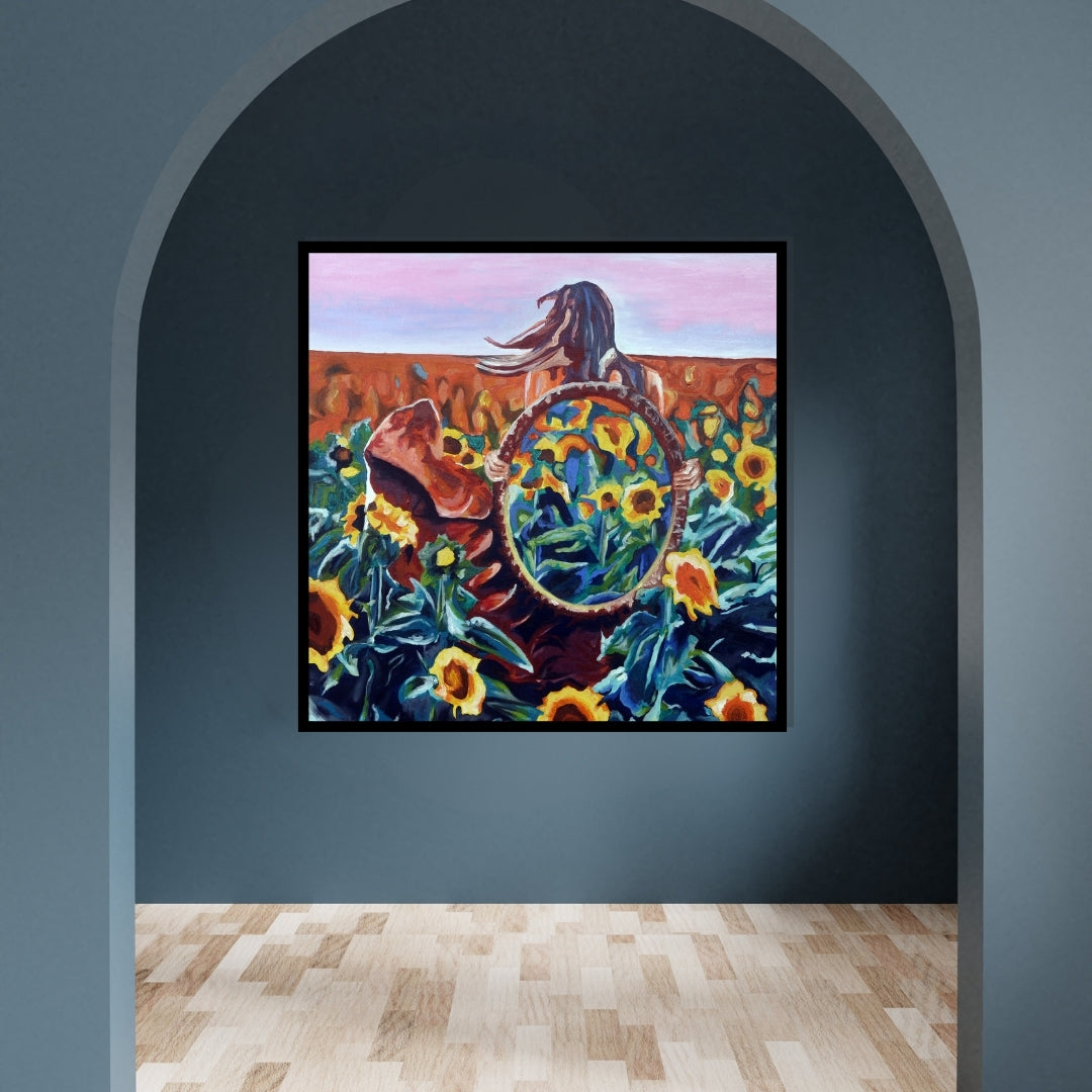 Colorful painting of a person with a large round mirror surrounded by sunflowers. Inside Out painting by Mira Ayyash showing a woman in a sunflower field holding a circular mirror that reflects more sunflowers in a surreal style