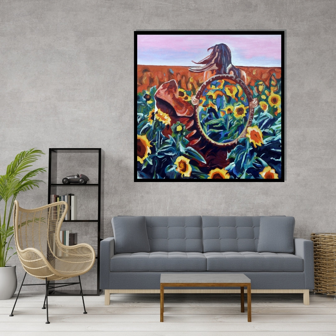 Colorful painting of a person with a large round mirror surrounded by sunflowers. Inside Out painting by Mira Ayyash showing a woman in a sunflower field holding a circular mirror that reflects more sunflowers in a surreal style