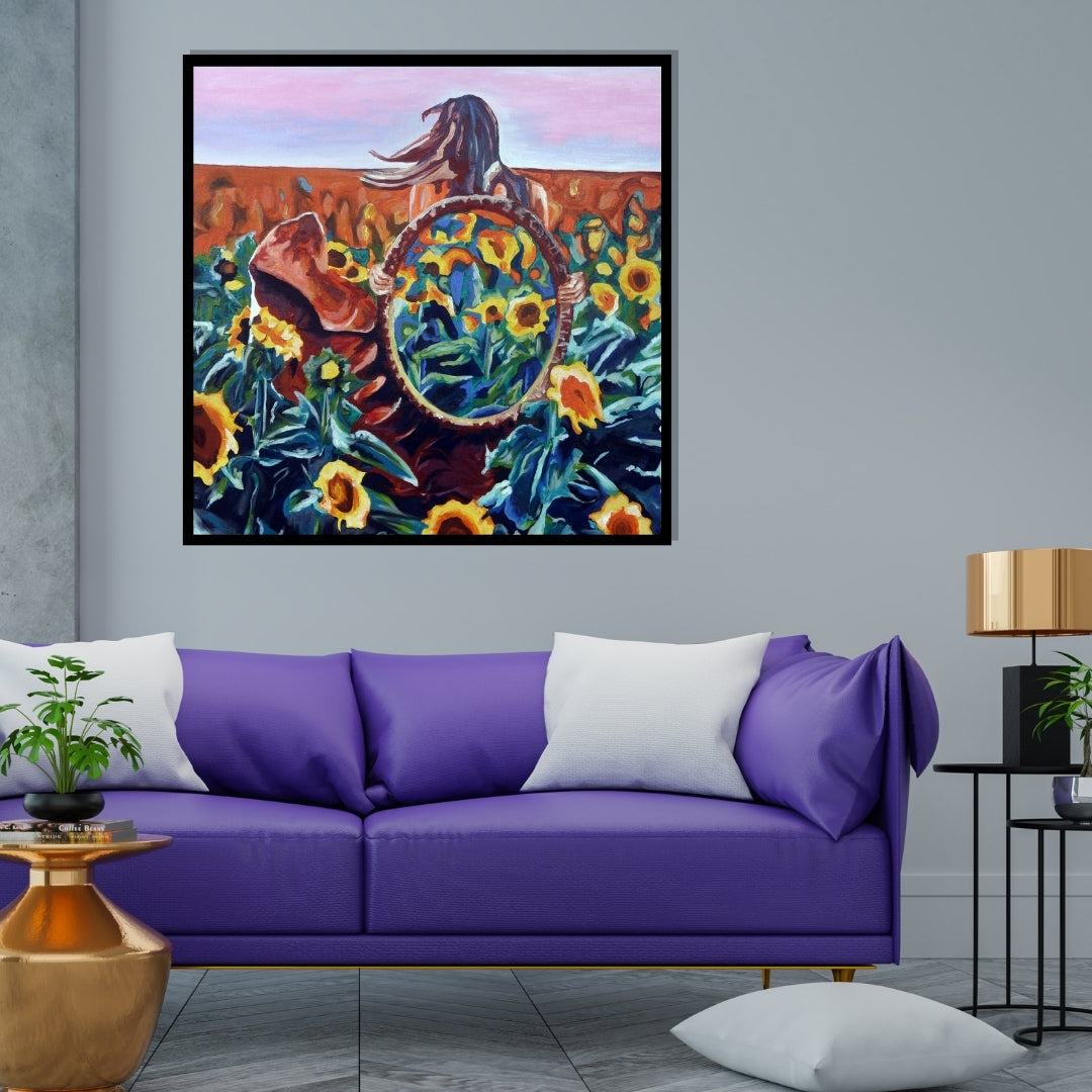 Colorful painting of a person with a large round mirror surrounded by sunflowers. Inside Out painting by Mira Ayyash showing a woman in a sunflower field holding a circular mirror that reflects more sunflowers in a surreal style