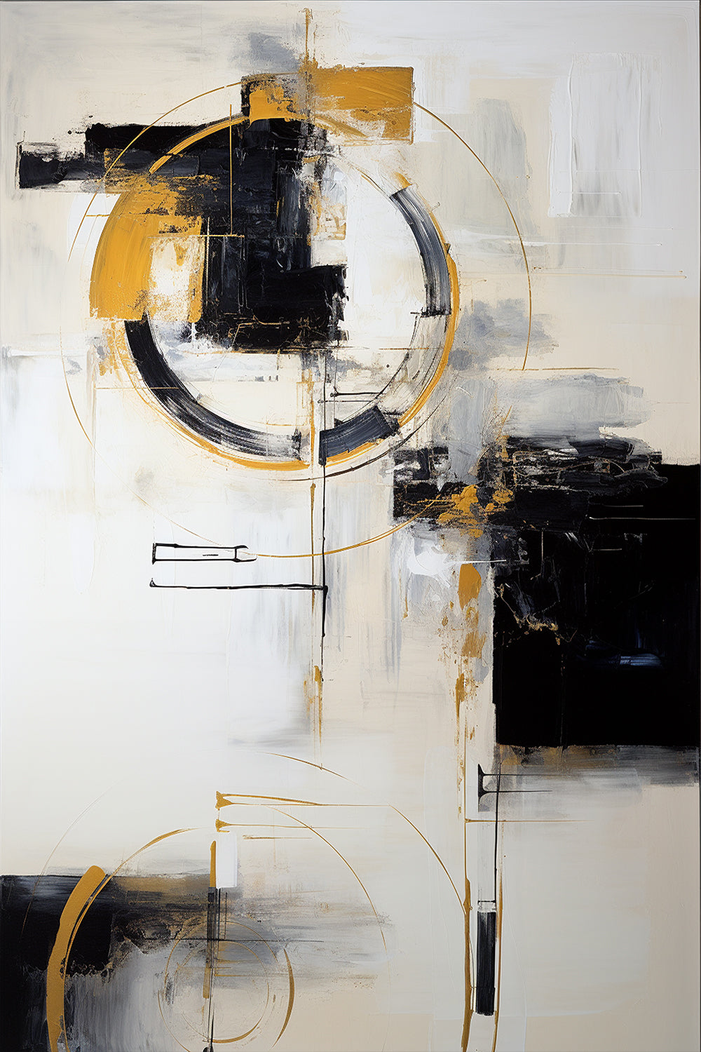 Intersecting Ideals by ArtixHub – abstract expressionist painting with black and gold circular forms and structured brushwork on white background