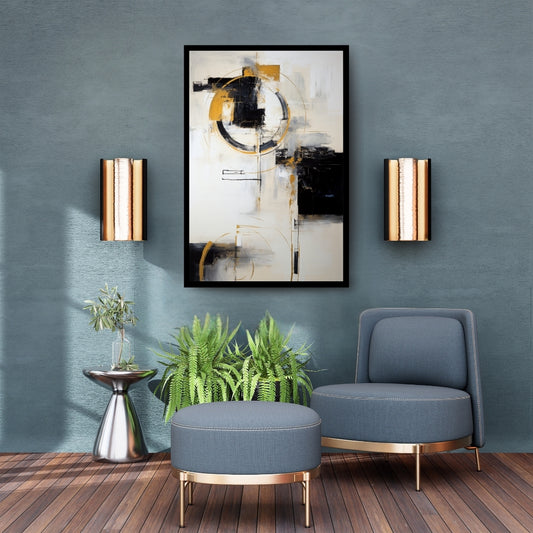 Intersecting Ideals by ArtixHub – abstract expressionist painting with black and gold circular forms and structured brushwork on white background