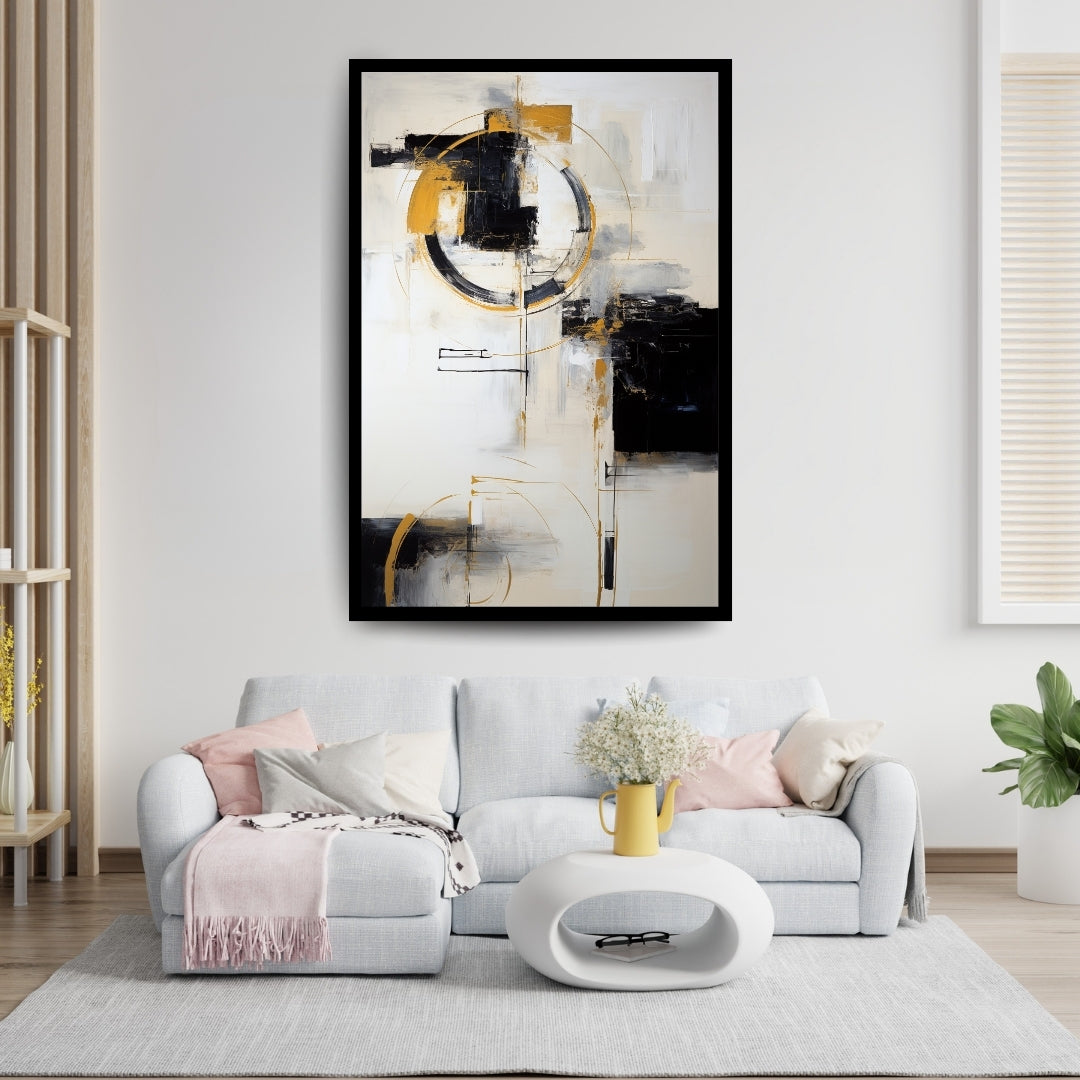 Intersecting Ideals by ArtixHub – abstract expressionist painting with black and gold circular forms and structured brushwork on white background